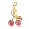 Pink glitter resin cherry keychain with golden metal leaf charm for handbags and keys - Dark Pink Cherry 32MM