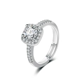 Verstellbarer silberner Hochzeitsring mit rundem Solitär und Diamant-Halo-Fassung - Einstellbar Offen / Silber