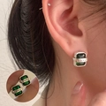 Emerald cut green stone stud earrings with Lucky engraving and silver finish - Green Gemstone Lucky Style (ED1655-2)