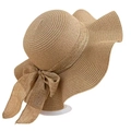 Women's wide brim straw sun hat in natural beige with a large decorative bow - M (56-58cm) / Khaki (Linen Streamer)