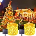 Dual solar LED copper wire lights set with warm yellow glow and stakes for outdoor gardens - 7m 50 LEDs-USB with Remote / Warm White