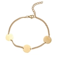 Detail of gold chain bracelet with three circular metal tags and adjustable lobster clasp - Gold Triple Disc Bracelet