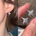 Elegant silver four-point star hoop earrings with sparkling cubic zirconia pavé setting - Silver Zirconia Pave Star Hoops (ED2591)