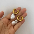 French vintage baroque pearl earrings with thick gold hoop in polished titanium steel - G143 Broad Bean Pearl Earrings Gold