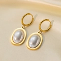 Elegant gold-plated hoop earrings featuring white oval faux pearl drops on beige silk - G3032 Oval Pearl Earrings Gold