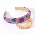 Sparkling rhinestone padded headband with colorful heart patterns on a white tray - Pink Rainbow Heart