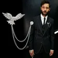 Silver eagle lapel pin with rhinestones and double metal chains on a man's suit - Silver Eagle