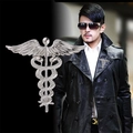 Silver caduceus suit brooch with snake and wing texture for men's formal dress outfits - Silver Wings