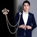Men's golden crown lapel pin with double chains and sparkling zircon for suits - Gold Crown