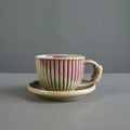 Japanese retro ceramic coffee cup and saucer set with grooved texture and rope handle - Rope Tied Kiln Purple - Vertical Stripe Coffee Cup + Saucer 220ml