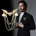 Golden men's suit brooch with heart wings and triple layered hanging chains - Gold Wing Heart