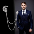 Silver-plated owl and star lapel pin with rhinestones and double tassel chains - Silver Owl