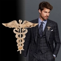 Men's fashion gold Caduceus lapel pin with tassel and crystal detail for suits - Gold Wings