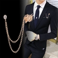 Men's fashion dragon lapel pin with double chain and sparkling diamond in gold finish - Gold Dragon Head