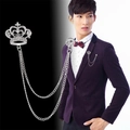 Silver crown suit brooch with tassel chains and crystals for men's formal attire - Silver Crown