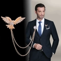Golden eagle brooch with rhinestone tassels and dual chains for men's suit jacket - Gold Eagle