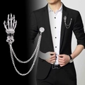 Gothic silver skull hand brooch with tassels and rhinestones for men suit fashion - Silver Hand Bone with Chain