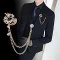 Golden dragon lapel pin with sparkling crystals and elegant double hanging chains - Gold Dragon with Chain