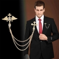 Men's gold chain brooch with wings, cross pendant and rhinestones for suits - Gold Wing Sword