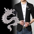 Silver dragon suit brooch with dazzling rhinestones and black eye stone for men's fashion - Silver Dragon Black Sapphire