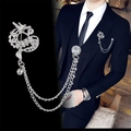 Silver dragon suit brooch for men with crystal tassel chains for formal tuxedos - Silver Dragon with Chain