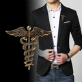 Vintage gold caduceus brooch with wings and twin snakes for men's formal suit lapel - Antique Gold Wings