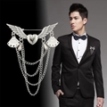 Silver mens fashion suit brooch with wings heart design and long tassel chains - Silver Heart Wings
