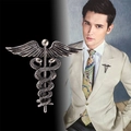 Silver Caduceus brooch with wings and snakes for men suits in vintage metallic finish - Antique Silver Wings