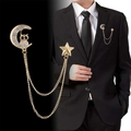 Golden owl and moon suit brooch with sparkling rhinestones and elegant double chains - Gold Owl
