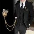 Men's gold lion head brooch with crown diamonds and hanging chain fringe for suits - Antique Gold Crown Lion