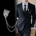 Silver lion crown lapel pin with double hanging chains for men's formal suits - Antique Silver Lion Crown