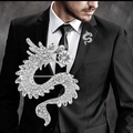 Silver dragon suit brooch with white crystals and large center stone for men - Silver Dragon with White Diamonds