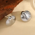 Exaggerated silver geometric shell earrings with fine radial relief texture in steel - Textured Shell Stud Earrings - Silver