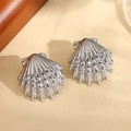 Elegant silver scallop shell stud earrings with textured ridges and droplet details - Hammered Shell Stud Earrings - Silver