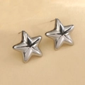 Star-shaped stainless steel earrings in silver finish with radial stripe texture - Pentagram Star Stud Earrings - Silver