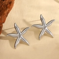 Starfish shaped silver stainless steel stud earrings with textured stripe detail - Starfish Stud Earrings - Silver