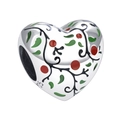 S925 sterling silver heart charm with green enamel leaves and red berries design - Blooming Flower Style (YKF153)