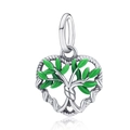 S925 sterling silver heart-shaped tree of life charm with green enamel leaves - Hollow Heart Style (YKF179)