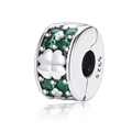 S925 sterling silver four-leaf clover charm with green gemstones and silver finish - Rose Heart Style (YKF293)