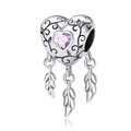 S925 silver heart charm with pink crystal and dangling leaf pendants for DIY bracelets - Heart Sunflower Style (YKF306)