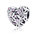 S925 sterling silver heart charm with pink cubic zirconia and hollow leaf pattern - Hollow Moon Style (YKF307)