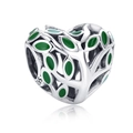 S925 sterling silver heart charm with green leaf accents and hollow tree design - Green Main Stone Style (YKF308)
