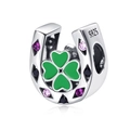 S925 silver horseshoe charm with green enamel clover and purple zircon stones - Moon Sun Sunflower Style (YKF309)