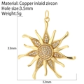 Pendentif soleil doré en cuivre serti de zircons avec dimensions précises de 33 mm - Style Grand Soleil Entièrement Serti de Zircon (AC210365G1)