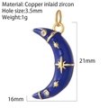 Pendentif lune bleue bohème en cuivre doré avec détails en zircon et étoiles - Style Lune Étoilée en Émail Bleu (AC220032G2)