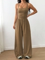 Detail of brown halter neck top and high-waisted wide-leg trousers with elastic waist - Khaki