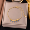 Goldenes mehrlagiges Evil-Eye-Armband aus Edelstahl mit fünf türkisfarbenen Perlen - Böser Blick Boxkette Armband (E2050) / Gold