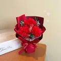 Elegant red soap carnation bouquet in burgundy paper wrap with honey flower ribbon - Red Carnation (3076-10)