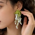 2603133a Blue-green Beaded Flower Tassel Earrings