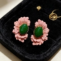 2505258 Pink Flower Green Crystal Earrings